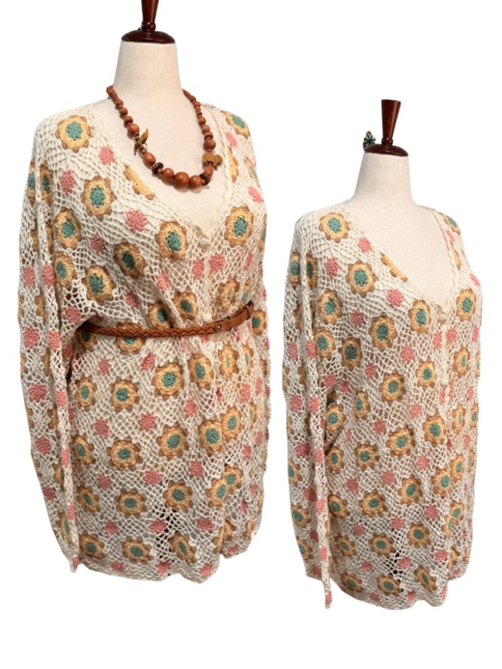 Vintage 90's Handknitted Terracotta Boho Floral Crochet Cardigan Sweater